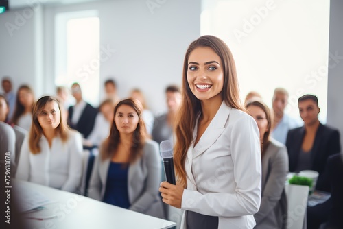 Young GenZ woman gives a presentation in front of her boss and co-workers. She feels confident and proud of her work. 