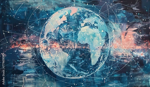 Abstract digital globe with network connections over cityscape background