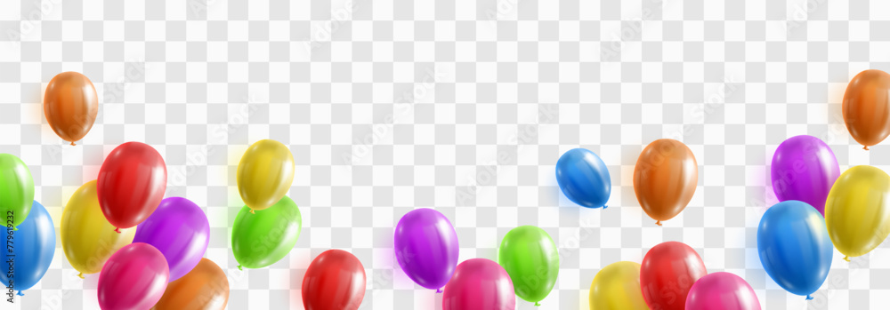 Vector colorful balloons isolated on png background. Realistic festive 3d helium balloons template for anniversary, Birthday party design. Vector illustration on transparent background