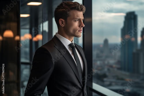  young man wearing a black suit Standing thoughtfully looking at the city view from skyscrapers Lights from various buildings reflection in the mirror