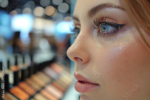 A creatively blurred image showing a variety of makeup products arranged on shelves in a retail setting