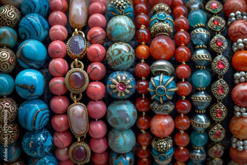 Close-up image focusing on the vivid colors and varied textures of beaded bracelets
