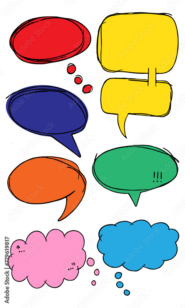 Brightly coloured speech bubbles with black pen outline effect. Hand drawn vector shapes. Brightly coloured speech bubbles with black pen outline effect. Hand drawn vector shapes.