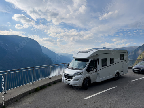 Motorhome camper in Stegastein view point road, south Norway. Europe