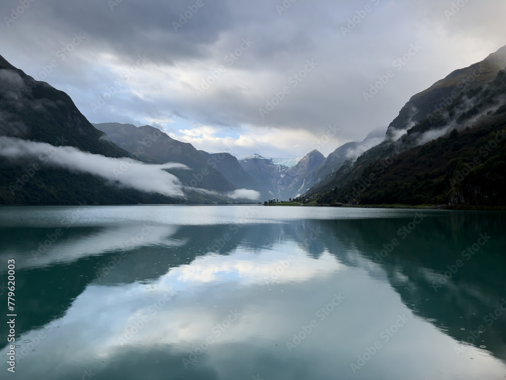 Autumn landscape in Briksdalbreen glacier valley in South Norway, Europe.