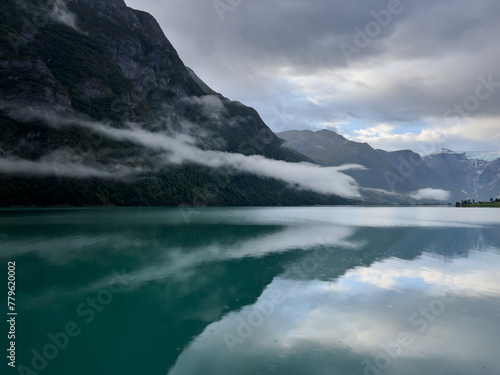 Autumn landscape in Briksdalbreen glacier valley in South Norway, Europe.