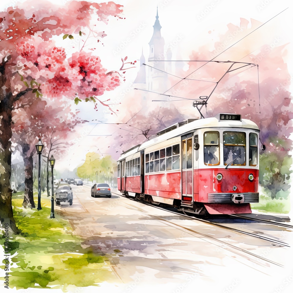 Soft retro watercolor, Vintage tram rolling past a city park in spring, cherry blossoms, watercolor urban theme
