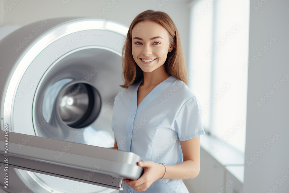 Young woman taking x-rays safe atmosphere modern technology Young woman taking x-rays safe atmosphere modern technology
