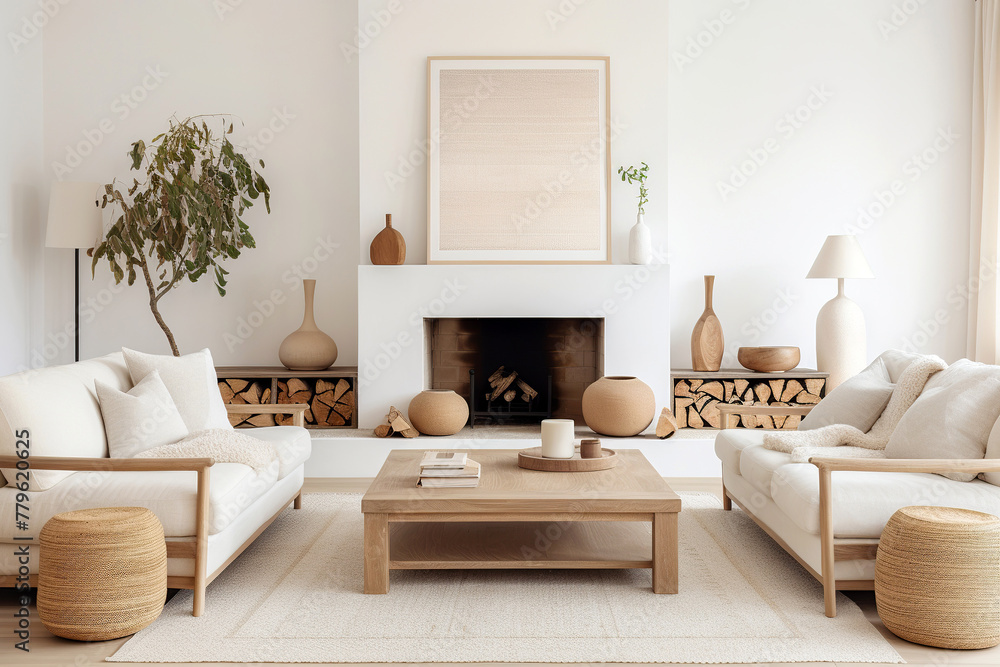 Fototapeta premium Boho interior design of modern living room, home. Wooden coffee table between two white sofas against fireplace.