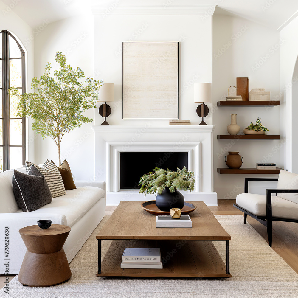 Obraz premium Farmhouse interior design of modern living room, home. White sofa and chair near fireplace.