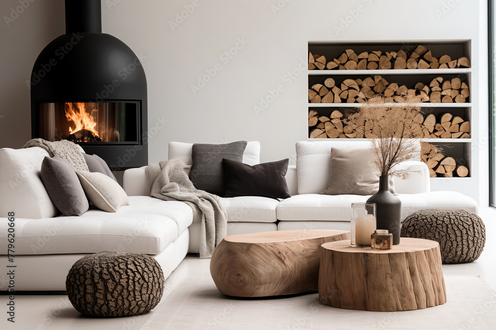 Fototapeta premium Farmhouse, country interior design of modern living room, home. Tree stump coffee table set near white sofa against wall with fireplace and firewood.