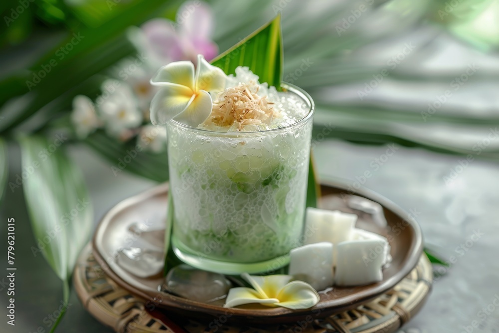 Indonesian dessert made with rice flour pandanus jelly coconut milk and palm sugar Indonesian dessert made with rice flour pandanus jelly coconut milk and palm sugar