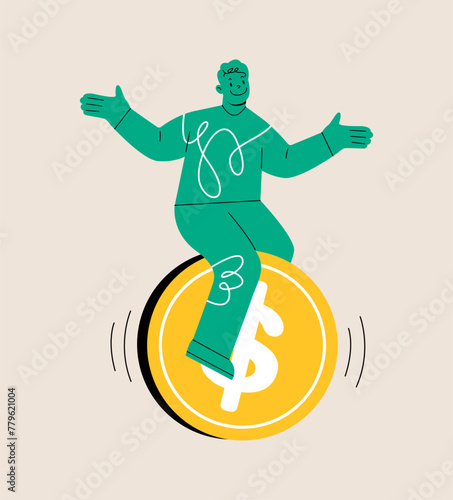 Man ride coin financial freedom. Colorful vector illustration