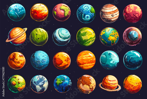 Cartoon fantasy planets  alien planet satellite with star in cosmic galaxy  universe exploration astronomy science space cosmic game set vector illustration