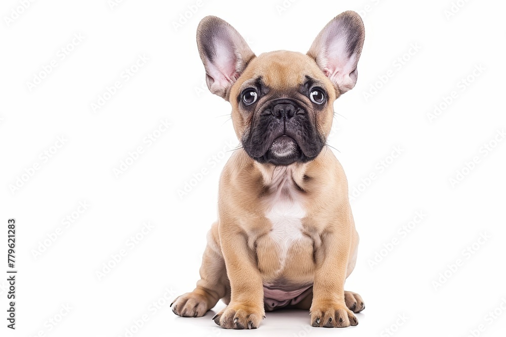 Inquisitive French Bulldog puppy sits facing forward White background