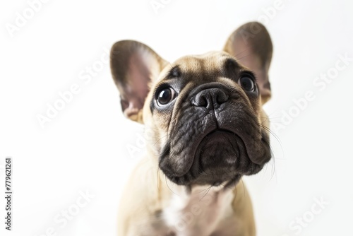 Inquisitive French bulldog puppy gazing upwards on white backdrop