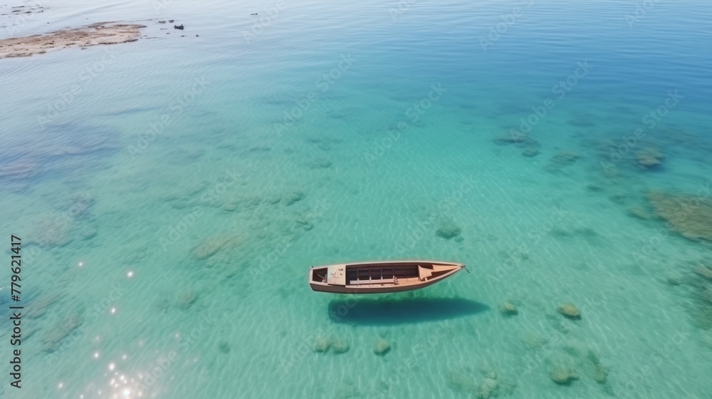 Exotic coastal beauty aerial view of boat on tropical ocean shore, perfect travel summer scene Exotic coastal beauty aerial view of boat on tropical ocean shore, perfect travel summer scene