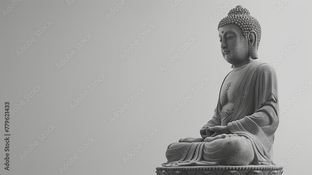 Fototapeta premium Buddha statue on gray background, copy space