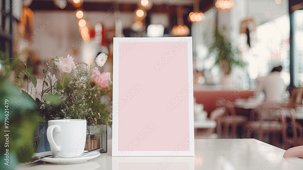 empty white menu mockup with white cup on the table in pastel retro cafe empty white menu mockup with white cup on the table in pastel retro cafe