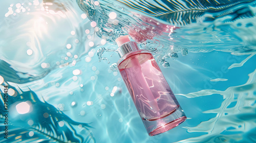 Glass pink bottle with perfume in clear blue water on the beach