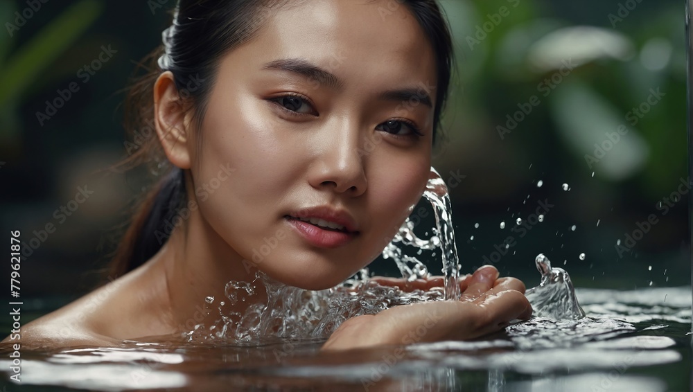 Happy young beautiful Asian girl takes care of her facial skin. Happy young beautiful Asian girl takes care of her facial skin.