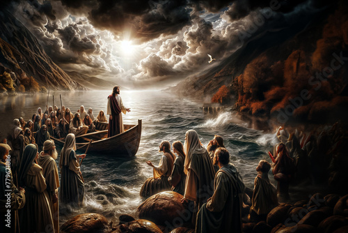 Jesus Preaching from Boat to Shore: Christian Sermon