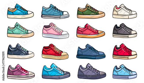 Cartoon sneakers, sport shoes foot pair footwear trendy colorful boots for walking athletic running or fitness set vector illustration