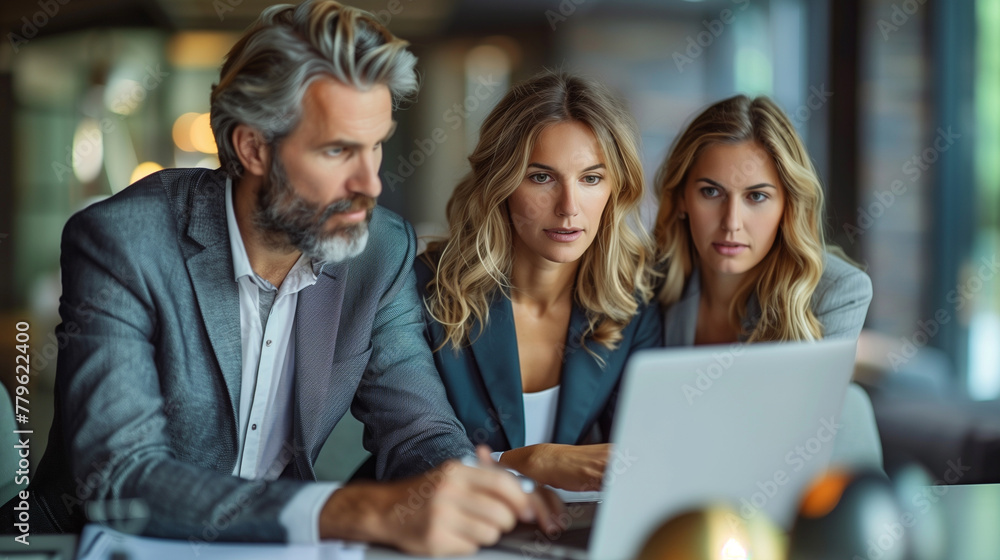Male CEO and female partner discuss problem solving in office, while looking at laptops. Smart Businesspeople in Finance Work Together. Teamwork Concept. Male CEO and female partner discuss problem solving in office, while looking at laptops. Smart Businesspeople in Finance Work Together. Teamwork Concept.