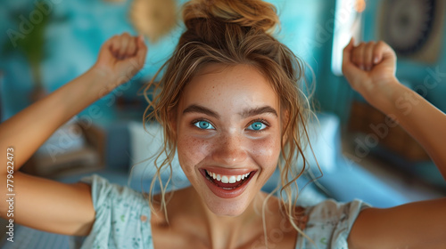Photo of excited cheerful woman wear shirt smiling open mouth rising arms palms.