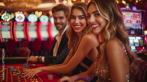 Young, well dressed and rich people playing roulette in the casino.