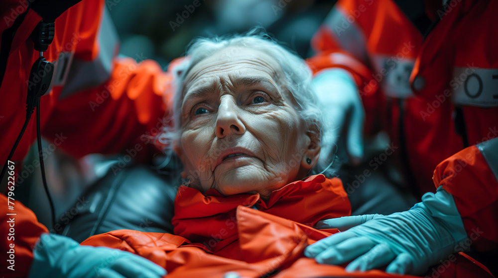 Obraz premium Old senior woman. Heart attack, medical injury or fire. Police hotline. Hospital assistance, paramedic or doctor. Elder person needs help. Ambulance, sos.
