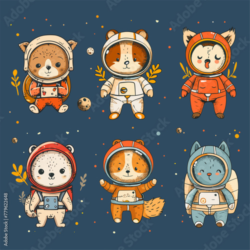 Cute forest animals astronauts cartoon characters in space galaxy, funny wild animal cosmonaut mascot vector illustration