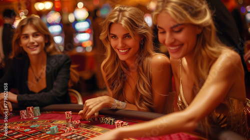 Young, well dressed and rich people playing roulette in the casino.