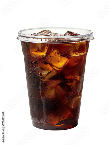 iced black coffee in a transparent plastic cup with white background transparent ,front view


