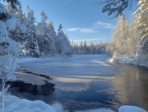 A snowy landscape with a frozen river and trees