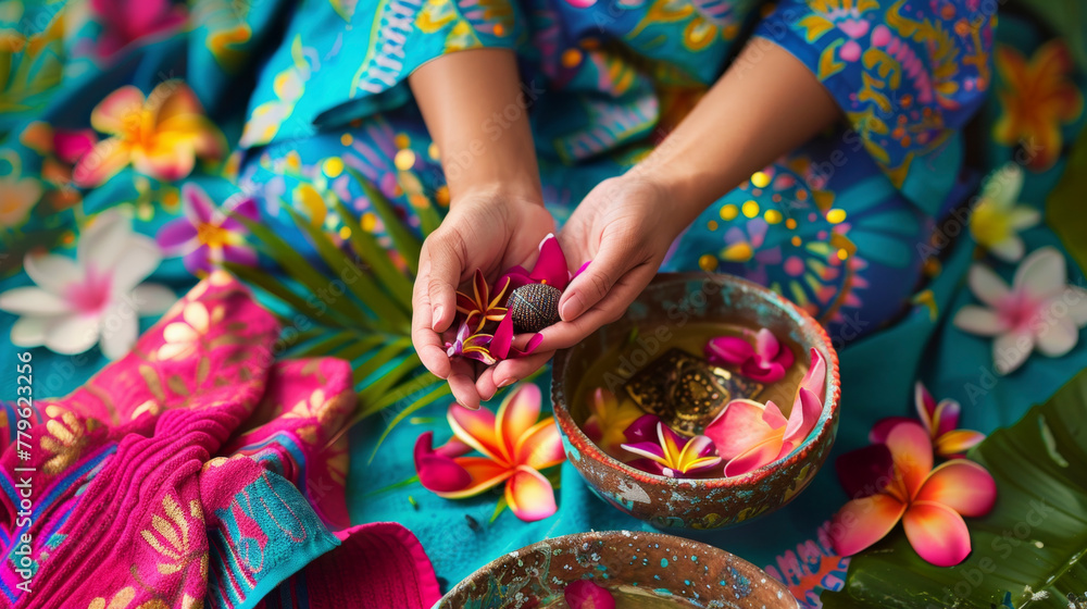 colorful towels, a patterned robe, a person receiving a massage with exotic floral oils