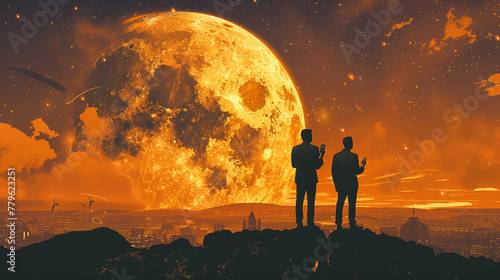 Two men standing on a hill looking at a large orange moon. The sky is filled with stars and the moon is surrounded by clouds photo