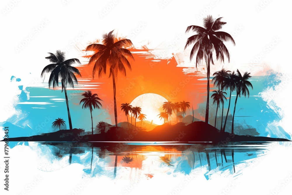 Vibrant Digital Art of a Tropical Sunset with Palm Trees
