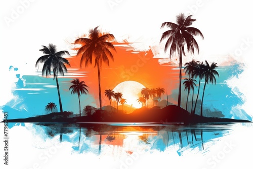 Vibrant Digital Art of a Tropical Sunset with Palm Trees