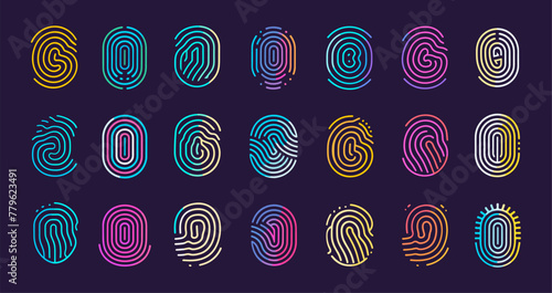 Fingerprints logo set, neon fingerprint biometric identity security identification technology, finger print safety protection gradient icons vector illustration