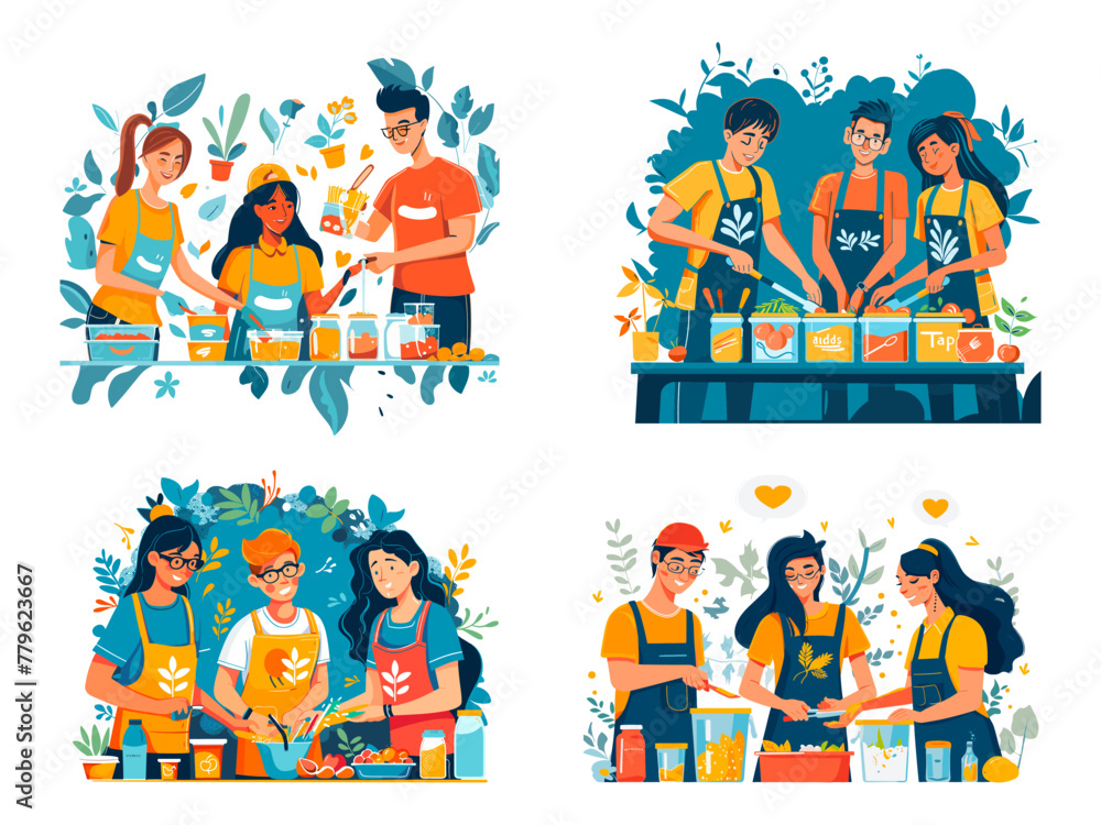 Food volunteering concept, cute volunteers characters friends or family cook healthy meal together, foods donation charity social aid assistance vector illustration