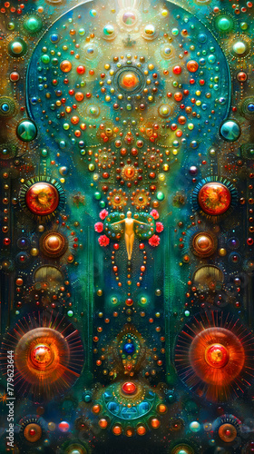 A humanoid form is at the center of a cosmic awakening, surrounded by an intricate array of celestial orbs and patterns