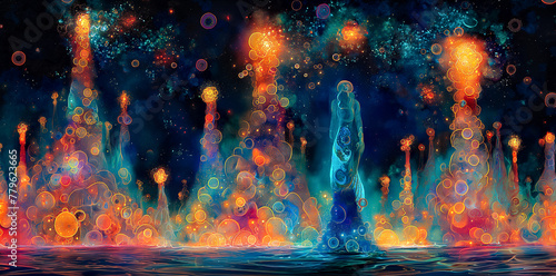 A human silhouette emerges within a vibrant bokeh dreamscape, surrounded by orbs of light and color in an abstract fantasy photo
