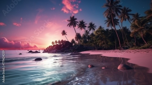 Vintage fantasy tropical beach starlit night sky with full moon, retro artwork in classic tones