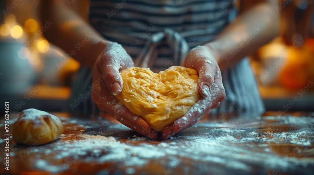 Homemade heart-shaped dough in hands
