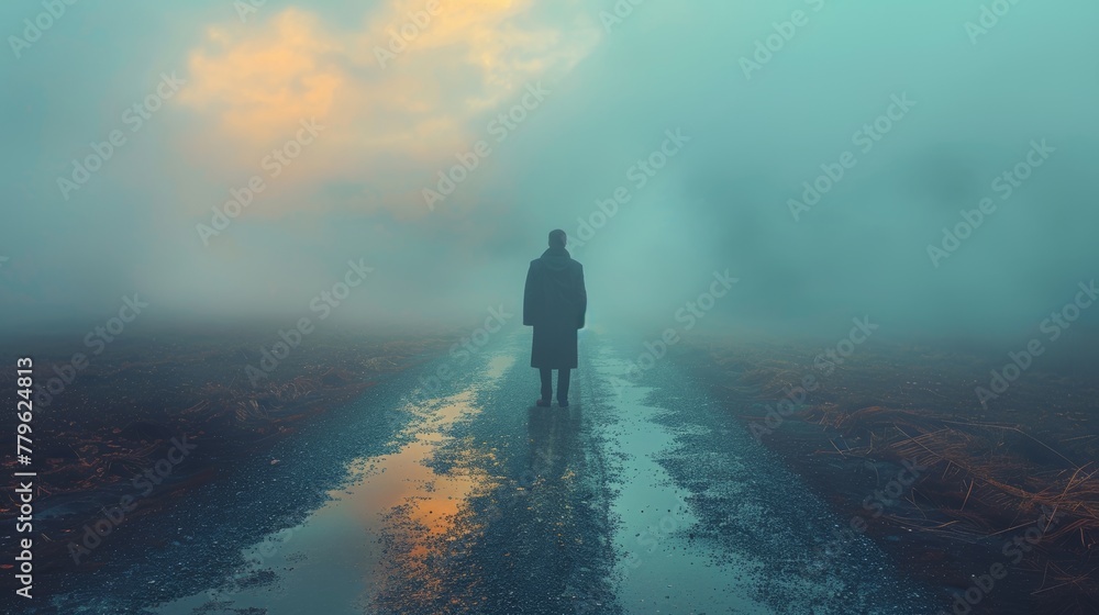 Solitary figure on a misty road at twilight