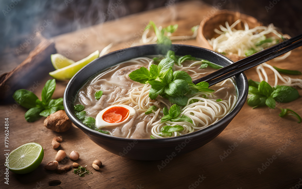 Vietnamese pho, steamy, fresh herbs on top, side bright lighting, wooden background