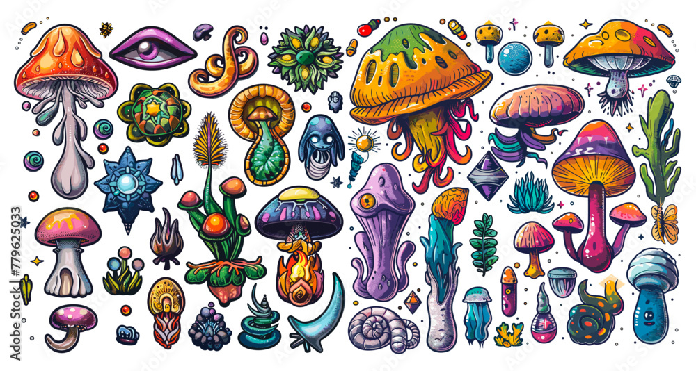 Psychedelic cartoon elements, rave trippy mushroom lsd weird eye acid dope crazy party 90s trendy y2k set vector illustration