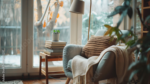 Scandinavian corner featuring a cozy reading nook with a plush armchair, books, and a modern side table. 