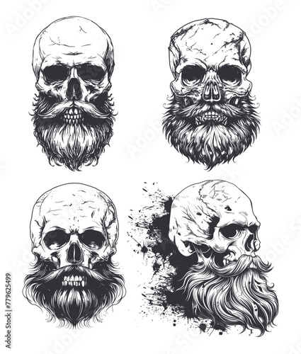 Skulls with beards, skull old brutal man, pirate black beard biker or barber head face vintage hand draw tattoo sketch vector illustration